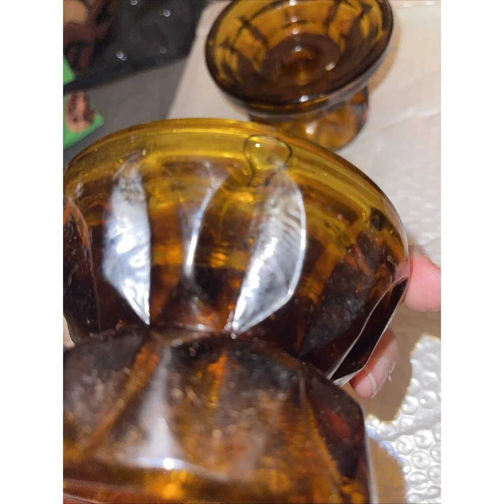 Vintage Antique Amber Glass Pedestal MULTI TYPE Candle Holder -Orig Sticker